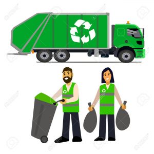 Garbage truck and garbage men . Vector illustration.